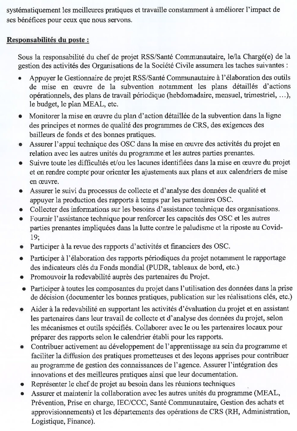 Avis de recrutement d’un(e ) chargé(e ) de la gestion des activités des organisations de la société civile dans le cadre du projet de renforcement des services de lutte contre le Paludisme et du système de santé (NFM3 Paludisme) p2