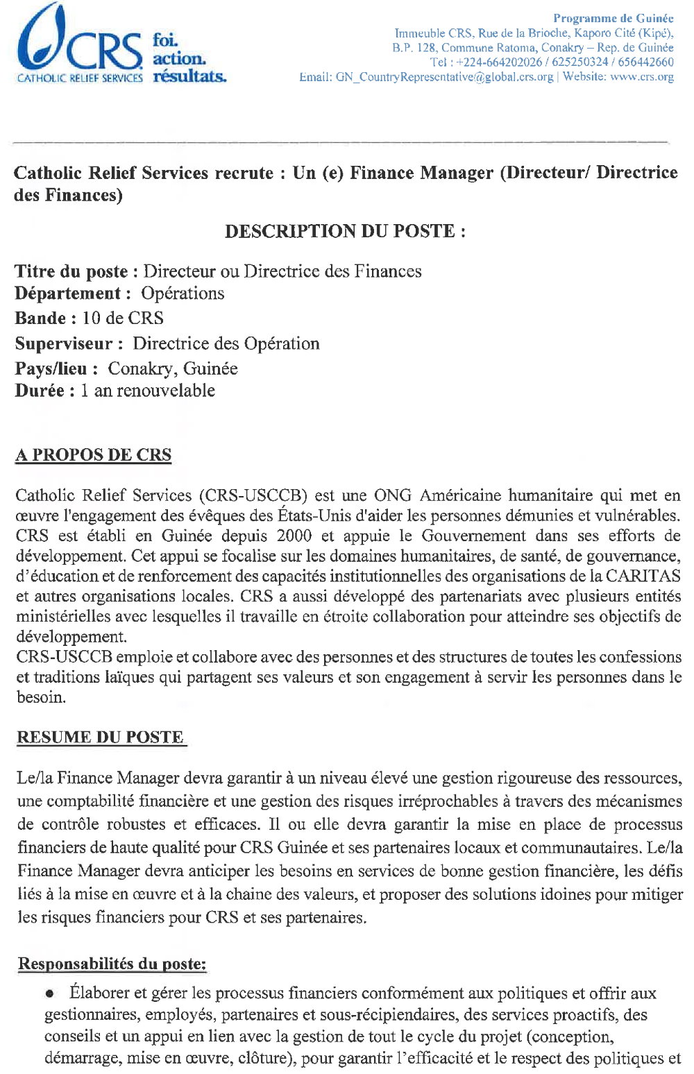 Avis De Recrutement d’un(e) Directeur / Directrice des Finances Page1