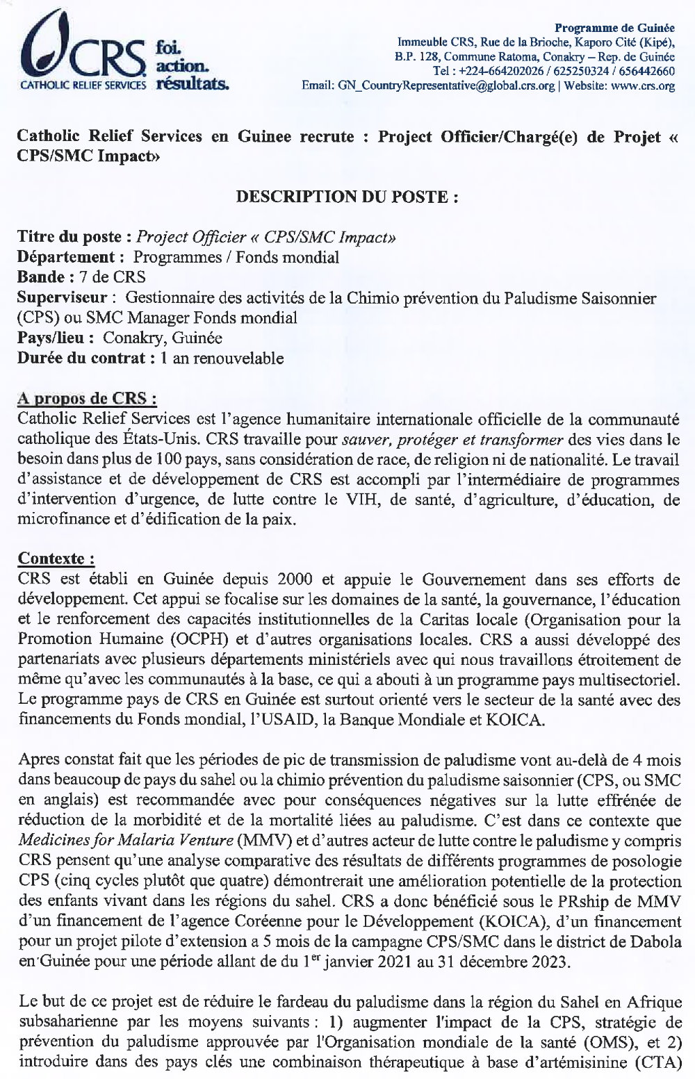 Avis de recrutement d’un Project Officer «CPS/SMC Impact» p1