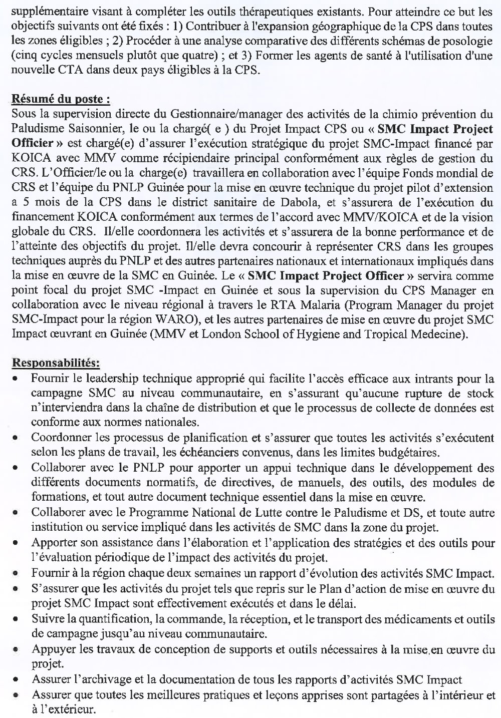 Avis de recrutement d’un Project Officer «CPS/SMC Impact» p1
