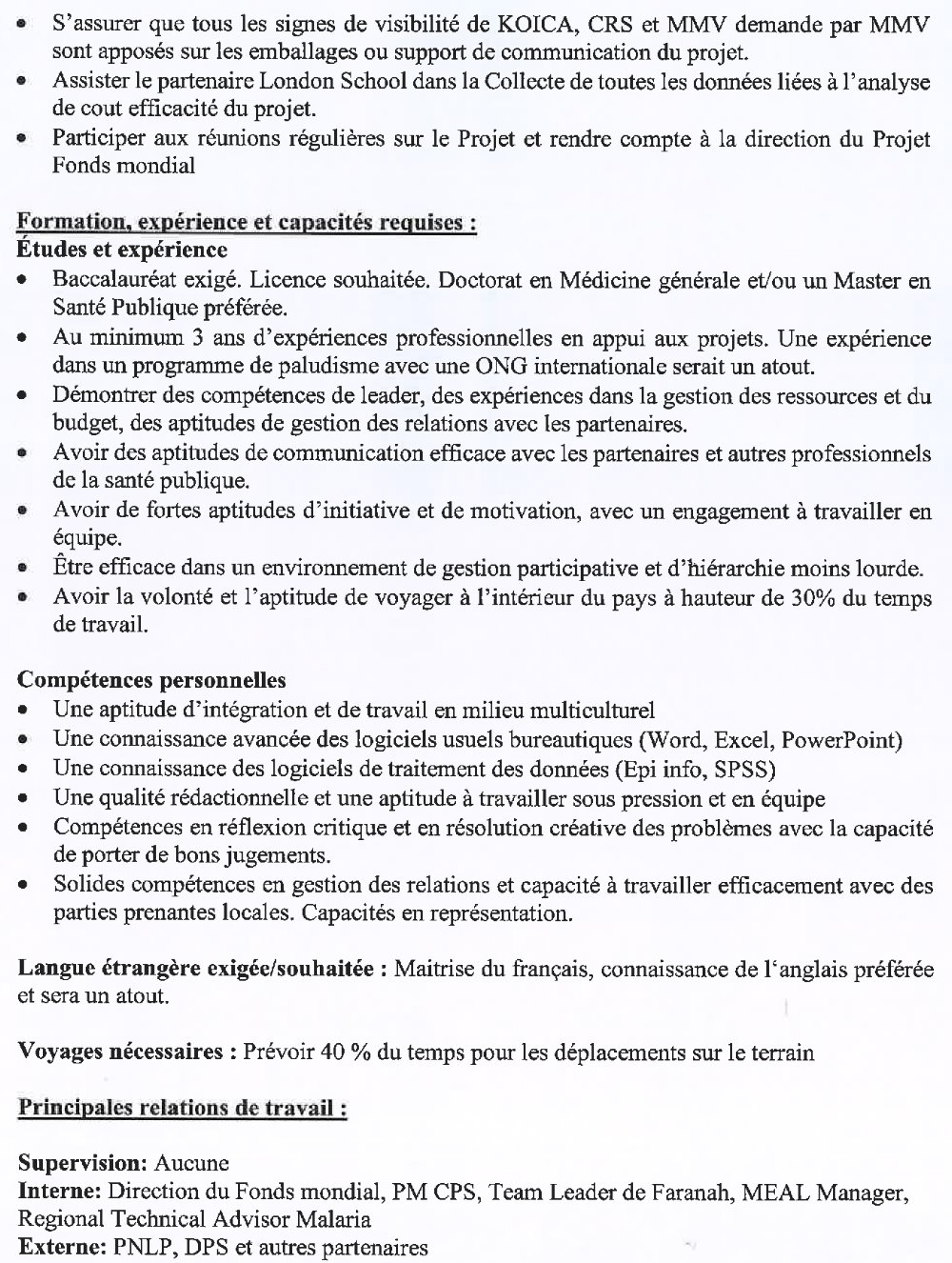 Avis de recrutement d’un Project Officer «CPS/SMC Impact» p1