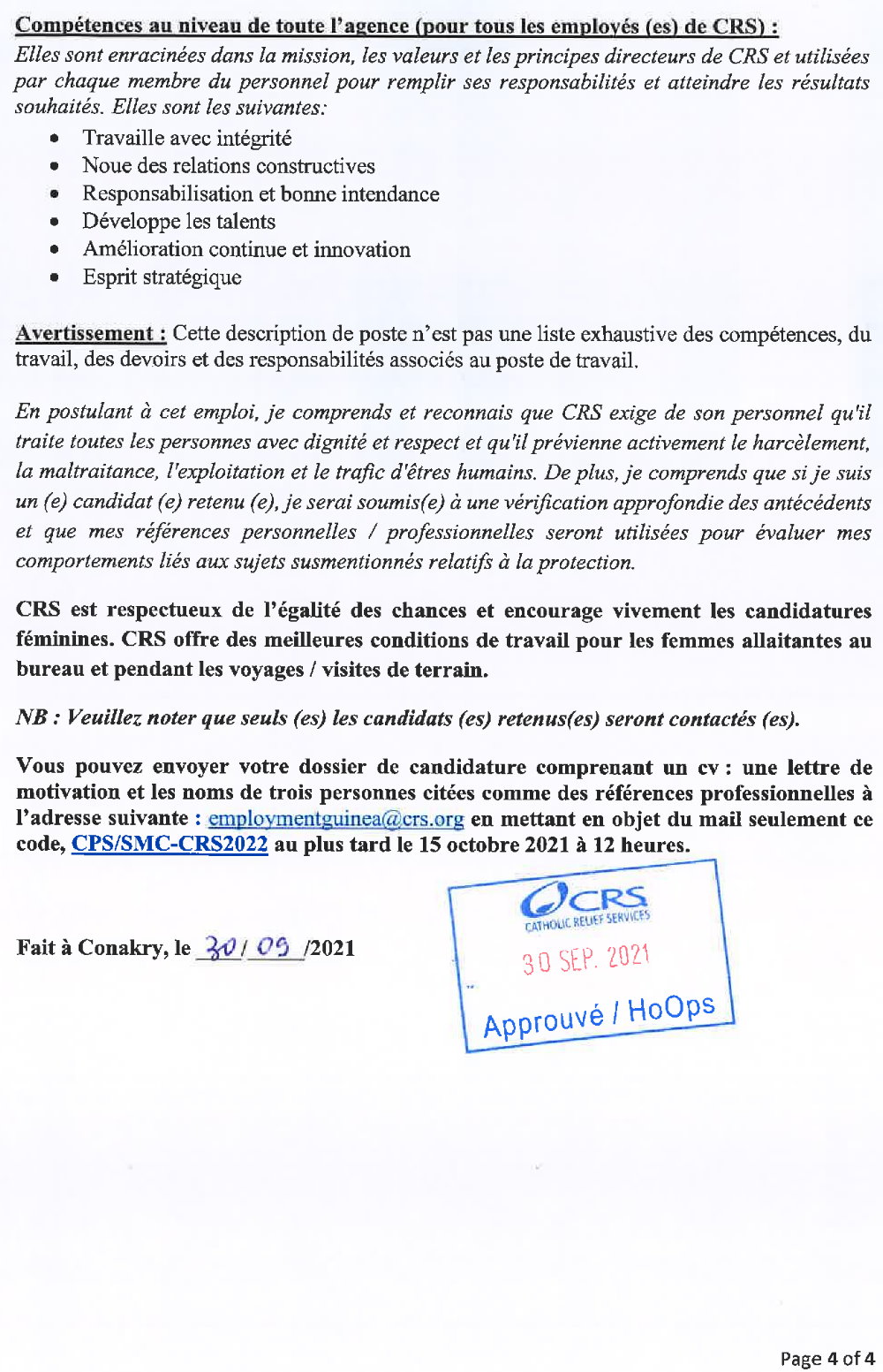 Avis de recrutement d’un Project Officer «CPS/SMC Impact» p1