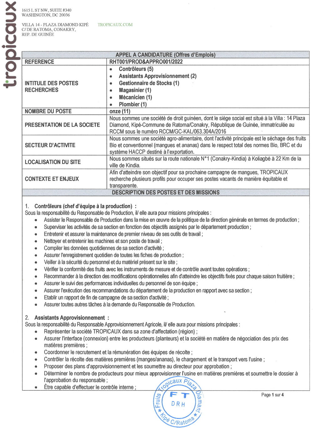 APPEL A CANDIDATURE POUR PLUSIEURS POSTES : 5 controlleurs, 2 assistants d'approvisionnement, 1 gestionnaire de stocks, 1 magasinier, 1 mécanicien, 1 plombier. page 1