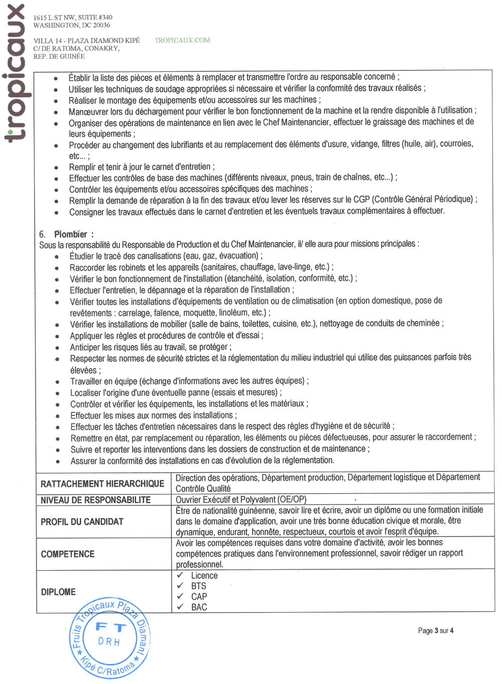 APPEL A CANDIDATURE POUR PLUSIEURS POSTES : 5 controlleurs, 2 assistants d'approvisionnement, 1 gestionnaire de stocks, 1 magasinier, 1 mécanicien, 1 plombier. page 3