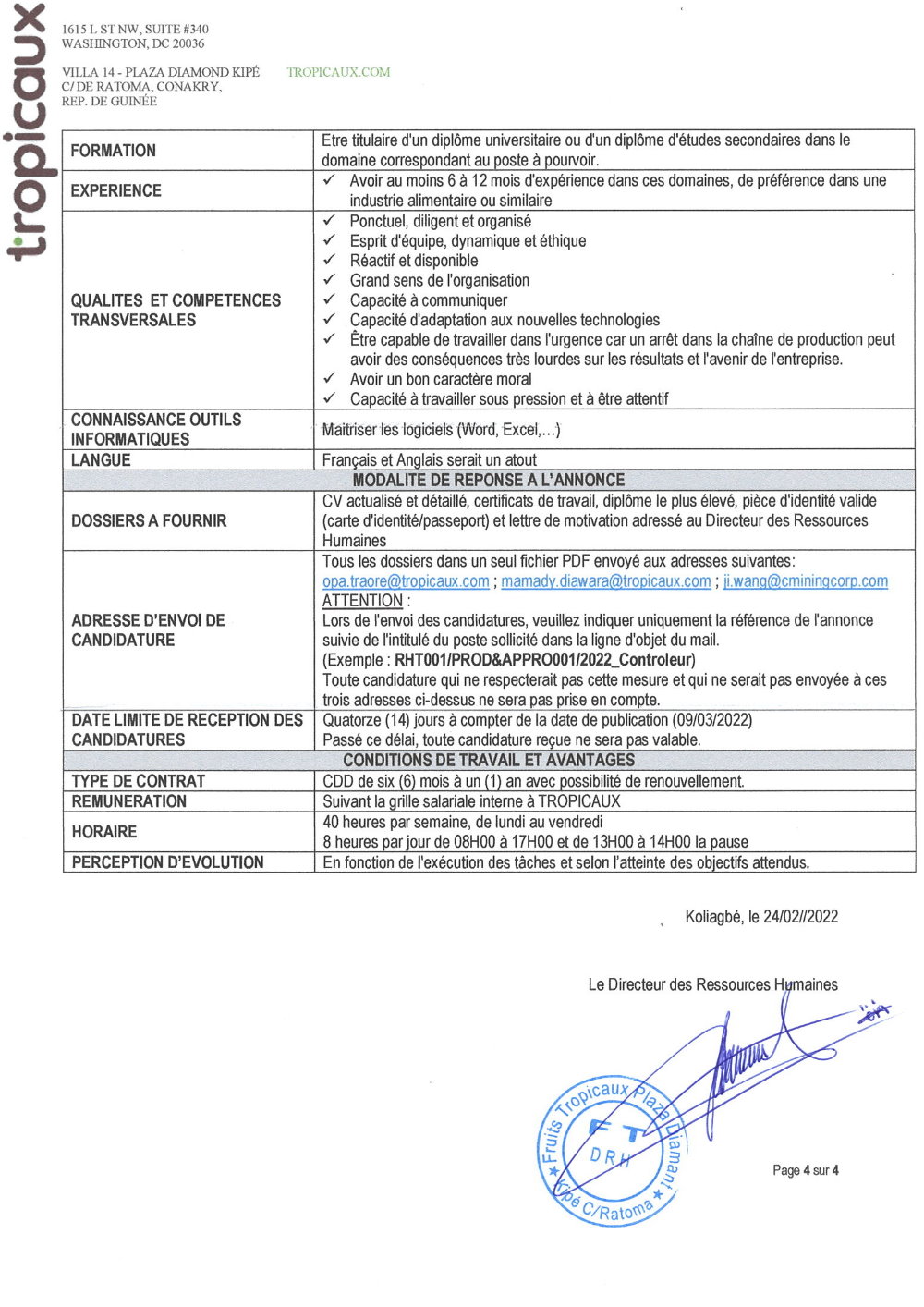 APPEL A CANDIDATURE POUR PLUSIEURS POSTES : 5 controlleurs, 2 assistants d'approvisionnement, 1 gestionnaire de stocks, 1 magasinier, 1 mécanicien, 1 plombier. page 4