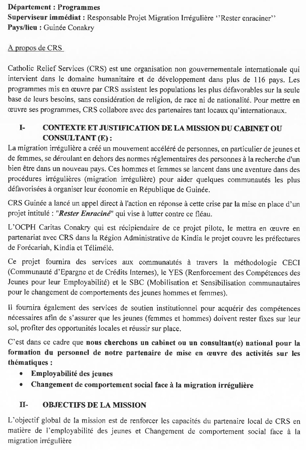 recrutement d’un cabinet ou consultant (e) national pour la formation du partenaire de CRS sur l’employabilité des jeunes p2