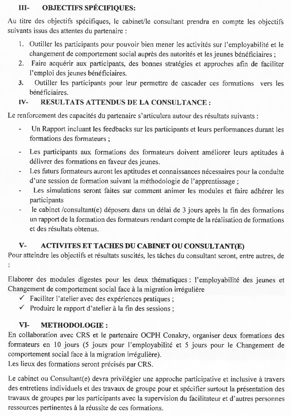 recrutement d’un cabinet ou consultant (e) national pour la formation du partenaire de CRS sur l’employabilité des jeunes p3