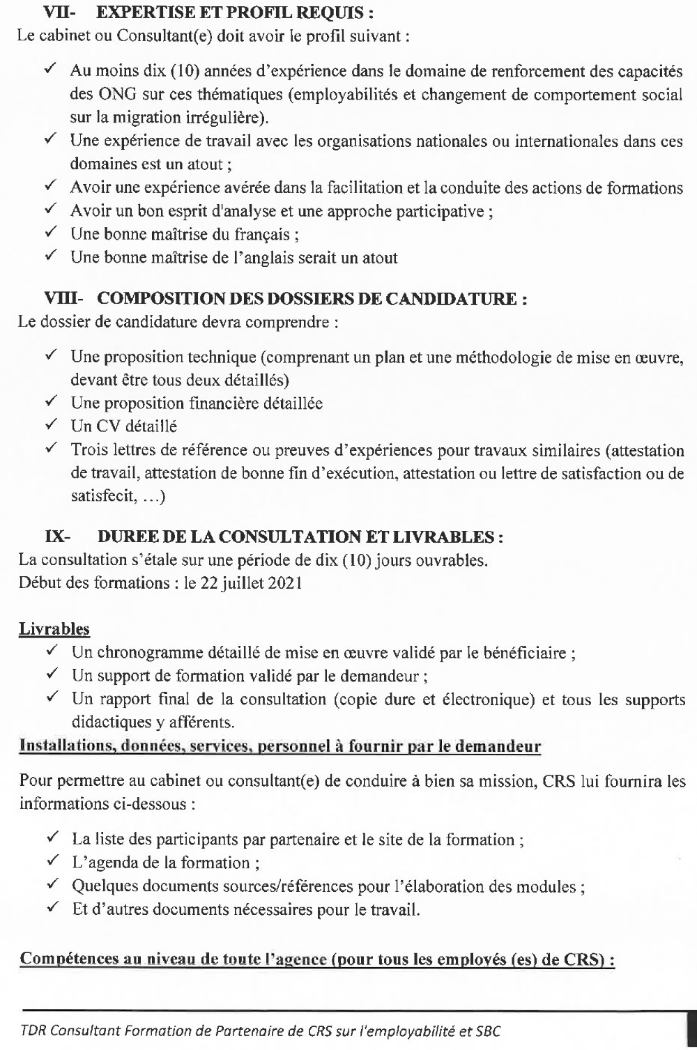 recrutement d’un cabinet ou consultant (e) national pour la formation du partenaire de CRS sur l’employabilité des jeunes p4