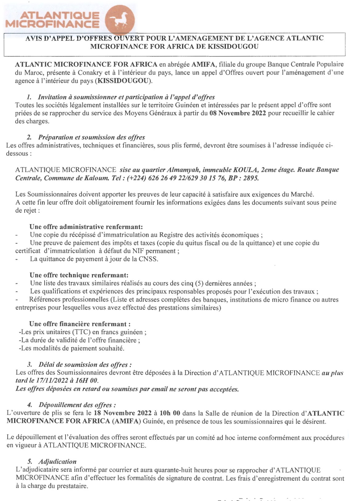 AVIS D'APPEL D'OFFRES OUVERT POUR L'AMENAGEMENT DE L'AGENCE ATLANTIC MICROFINANCE FOR AFRICA DE KISSIDOUGOU