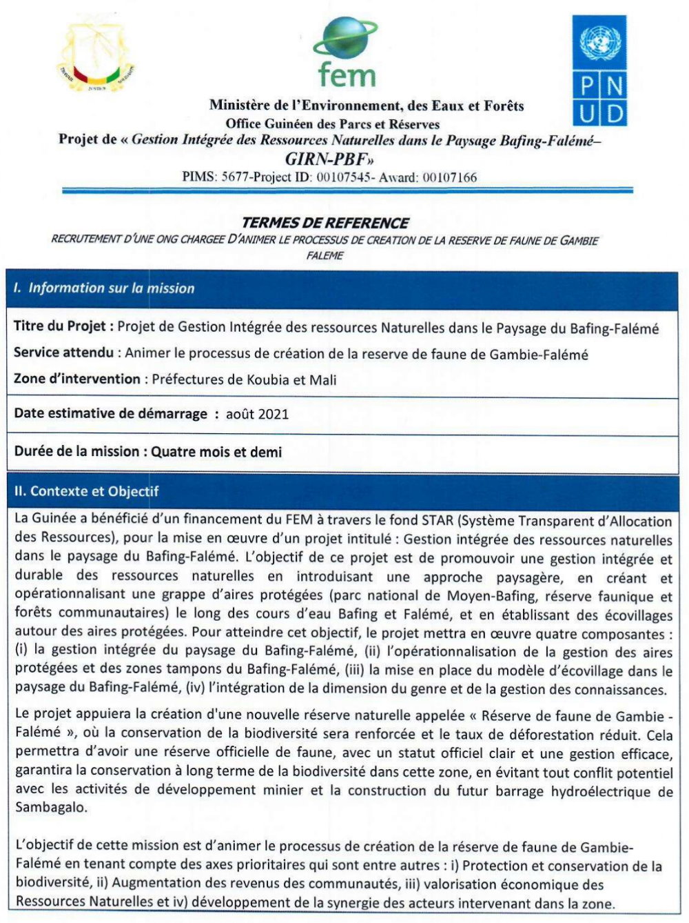Avis d’appel d’offres pour l’animation de processus de création de la réserve de faune de Gambie-Félémé