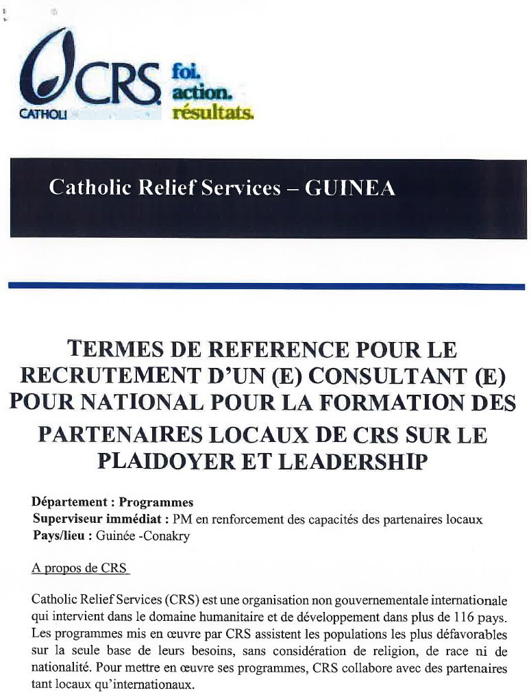 recruitment of a national consultant to train local CRS partners on advocacy and leadership  