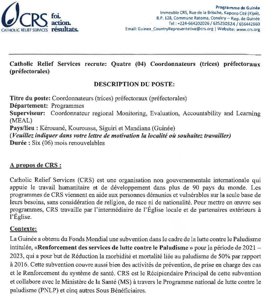 Offres d'emploi assistant chargé suivi et évaluation crs