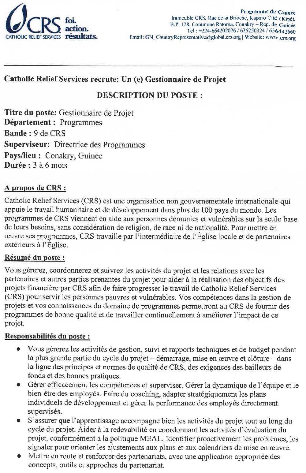 Offres d'emploi en Guinée - Gestionnaire de Projet