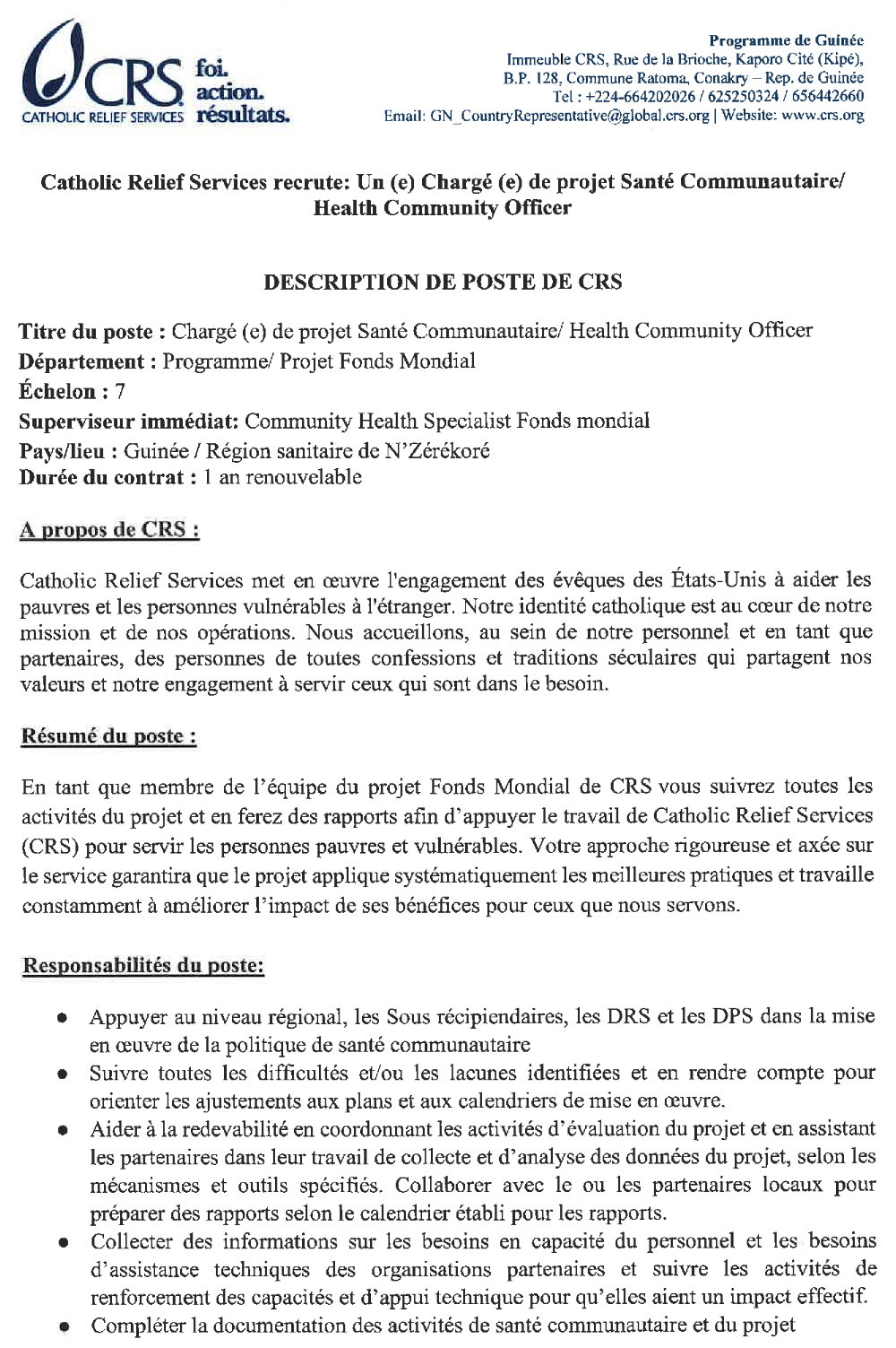 Avis de recrutement d’un(e ) chargé( e) de projet Santé communautaire/Health Community Officer p1