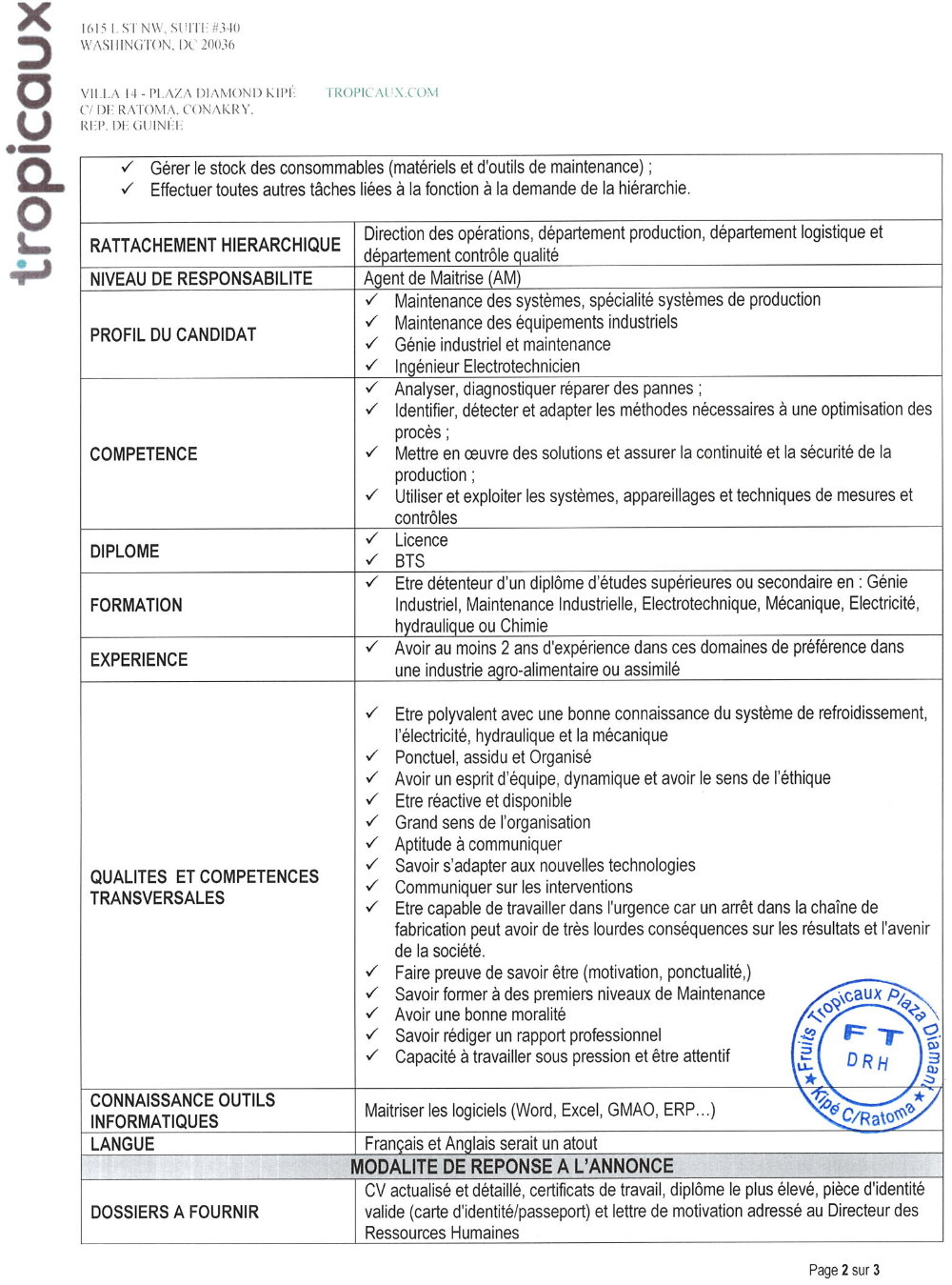 Avis de recrutement d'un technicien maintenance industrielle (Electrique et Mécanique) p2