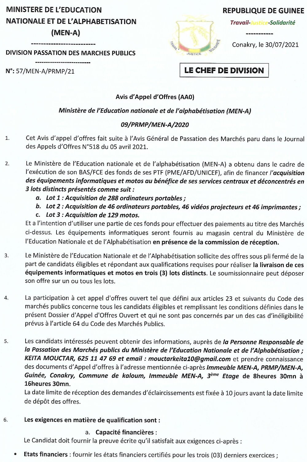 Avis d'appel d'offres pour l'acquisition de matériels informatiques et motos p1