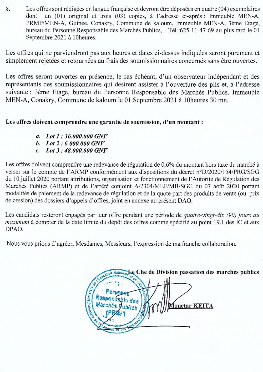 Avis d'appel d'offres pour l'acquisition de matériels informatiques et motos p3