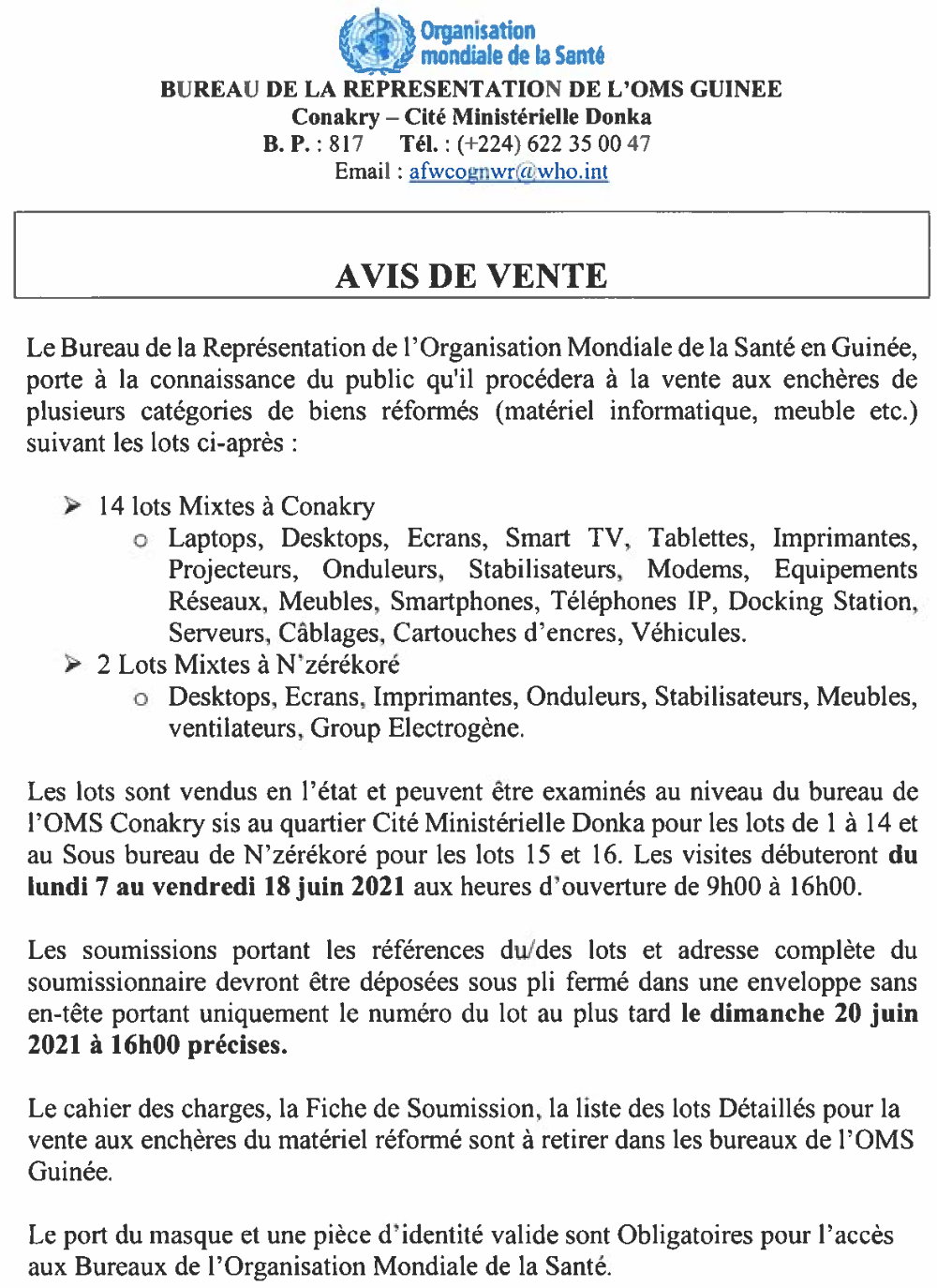 Vente aux enchères oms en guinée p1