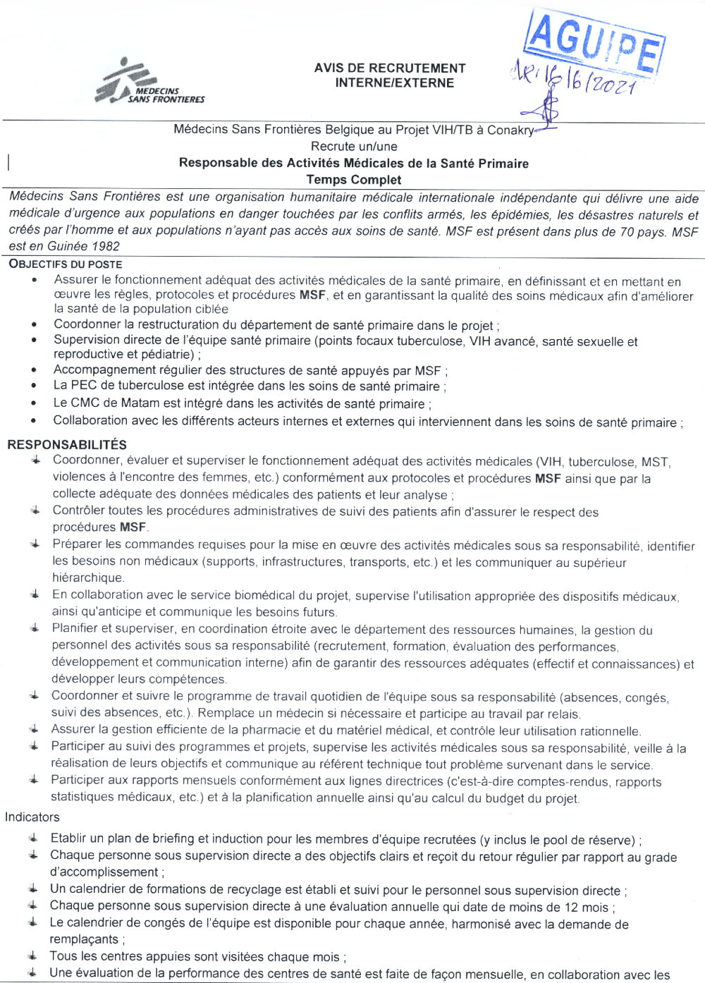 Recrutement d'un Responsable des Activités Médicales de la Santé Primaire P1