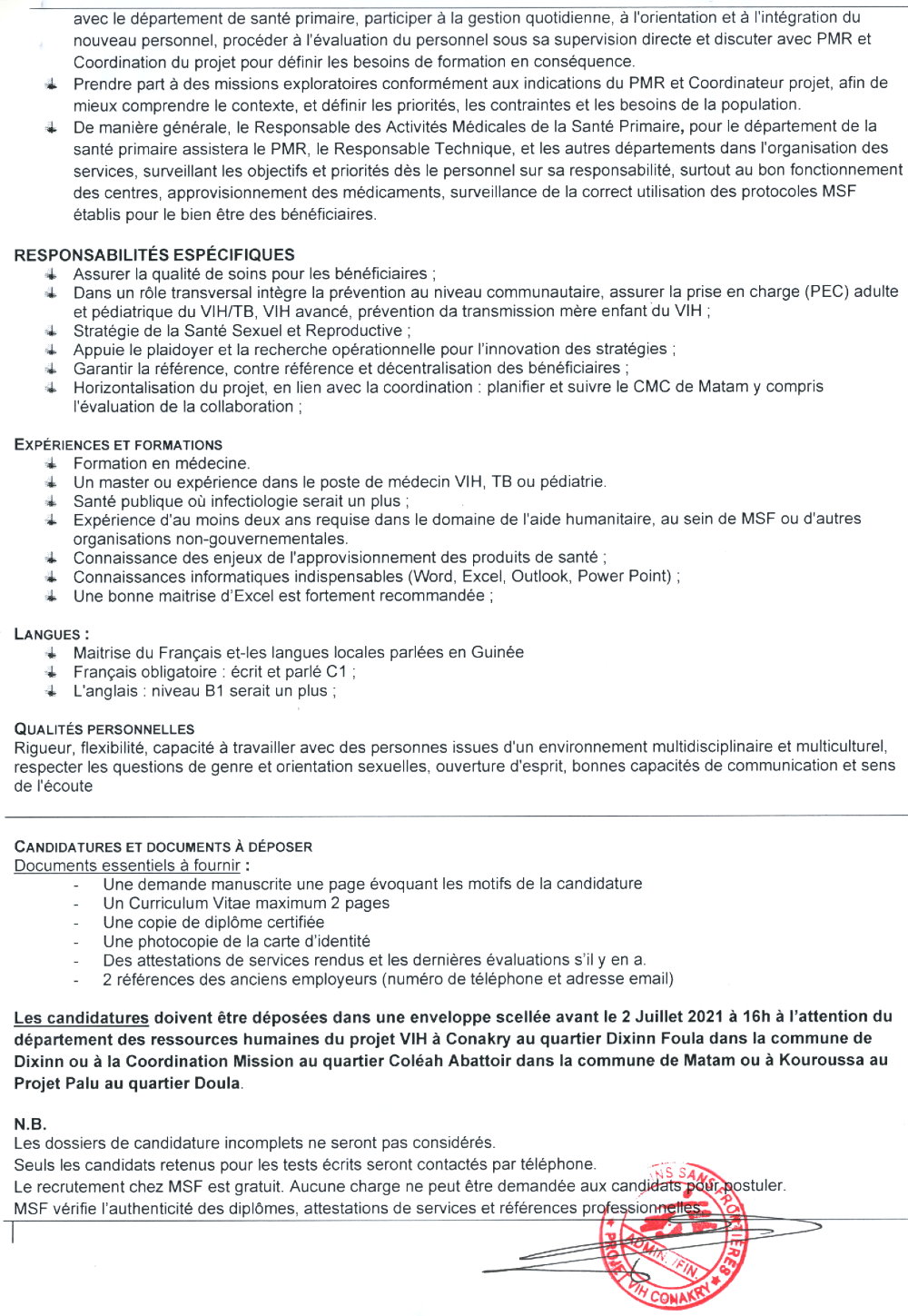 Recrutement d'un Responsable des Activités Médicales de la Santé Primaire P3