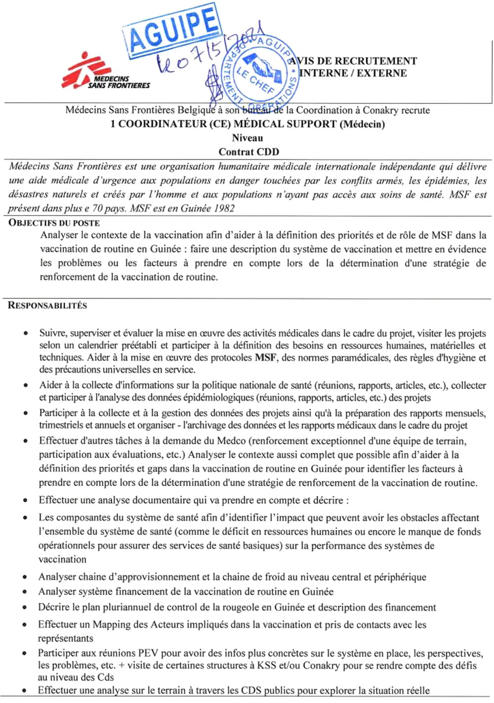 Offre d'emploi médecin sans frontières - coordinateur Médical p1
