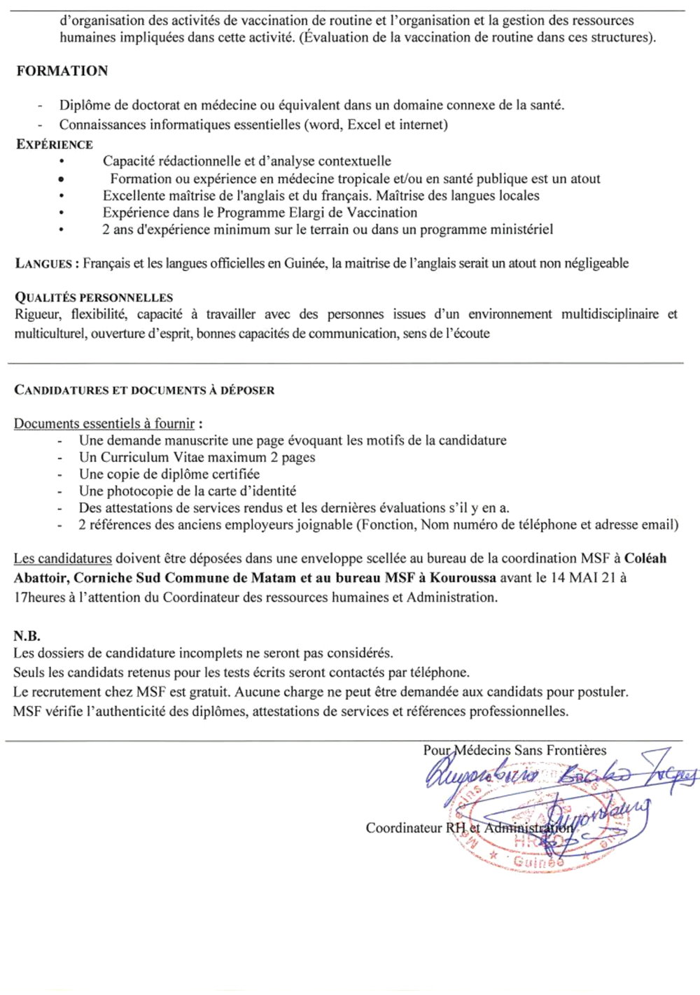 Offre d'emploi médecin sans frontières - coordinateur Médical p1