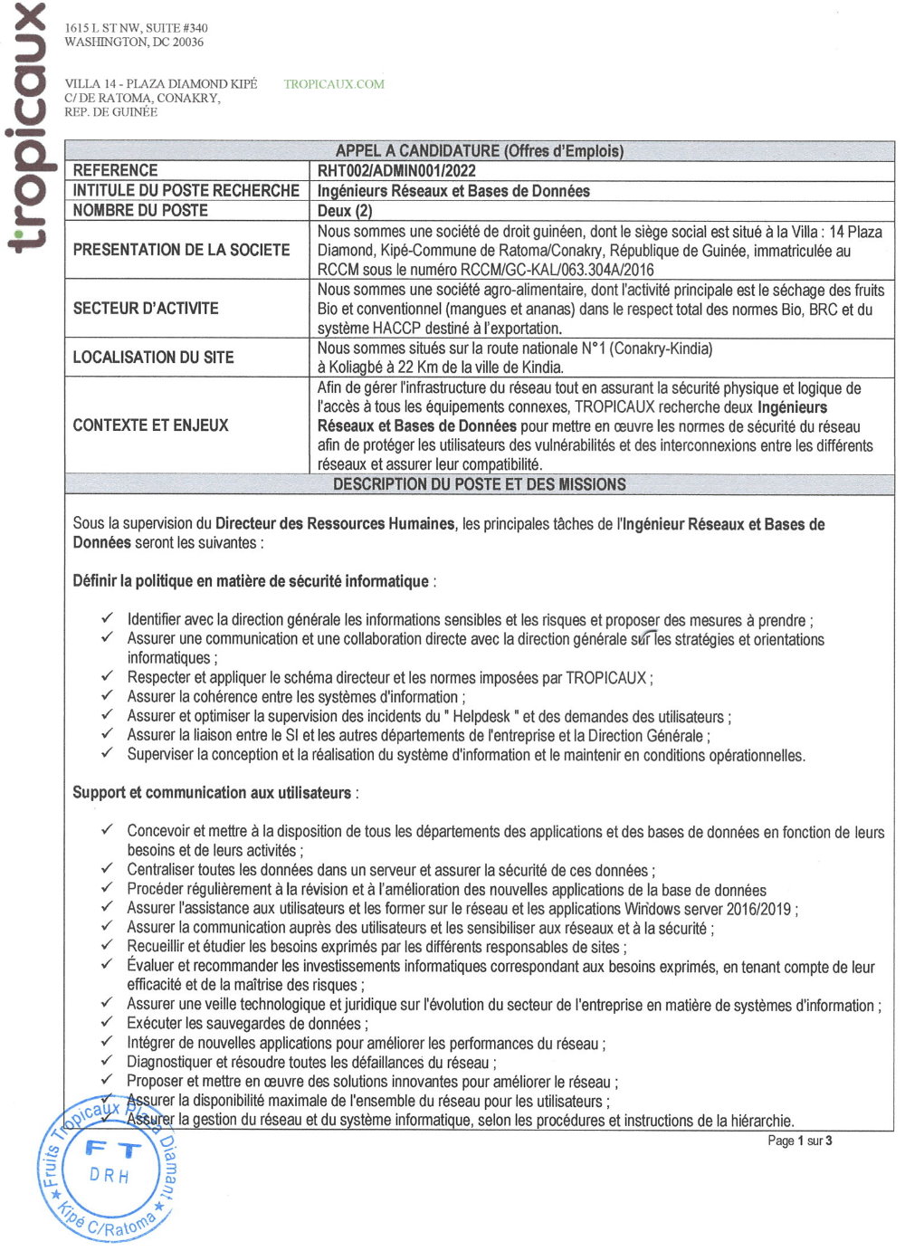 Avis de Recrutement de Deux Ingénieurs Réseaux et Bases de Données page 1