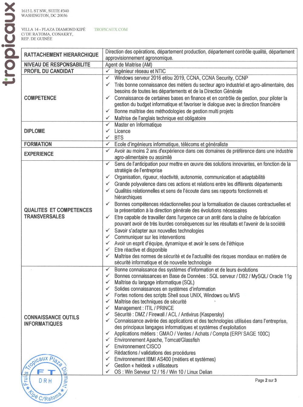 Avis de Recrutement de Deux Ingénieurs Réseaux et Bases de Données page 2