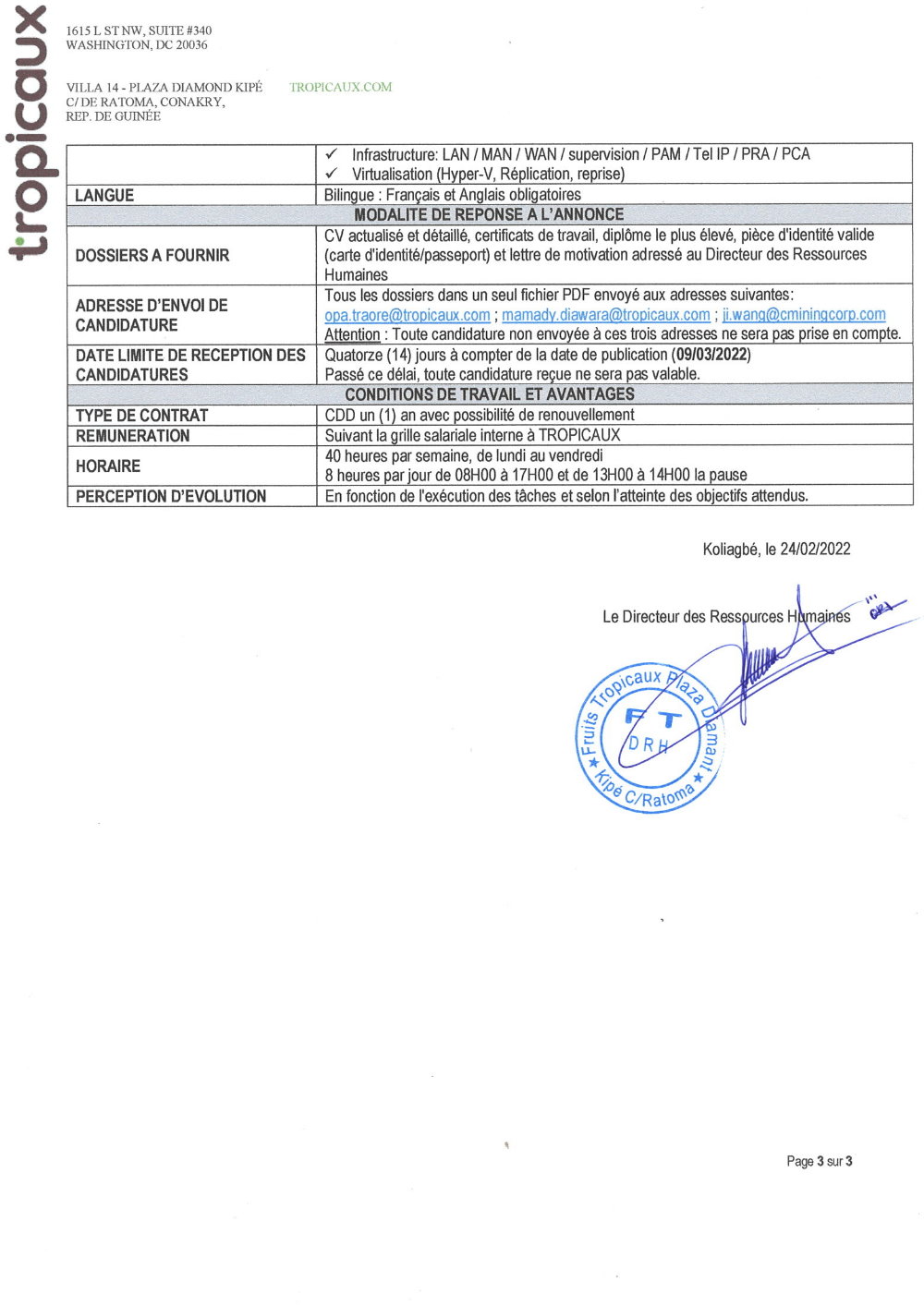 Avis de Recrutement de Deux Ingénieurs Réseaux et Bases de Données page 3