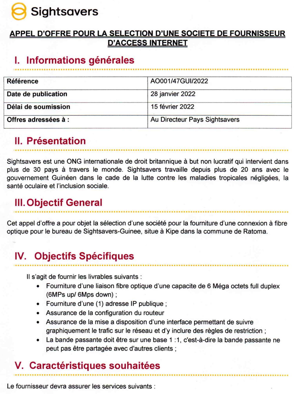 Appel d'offre pour la sélection d'une société de fournisseur d'Access Internet page 1