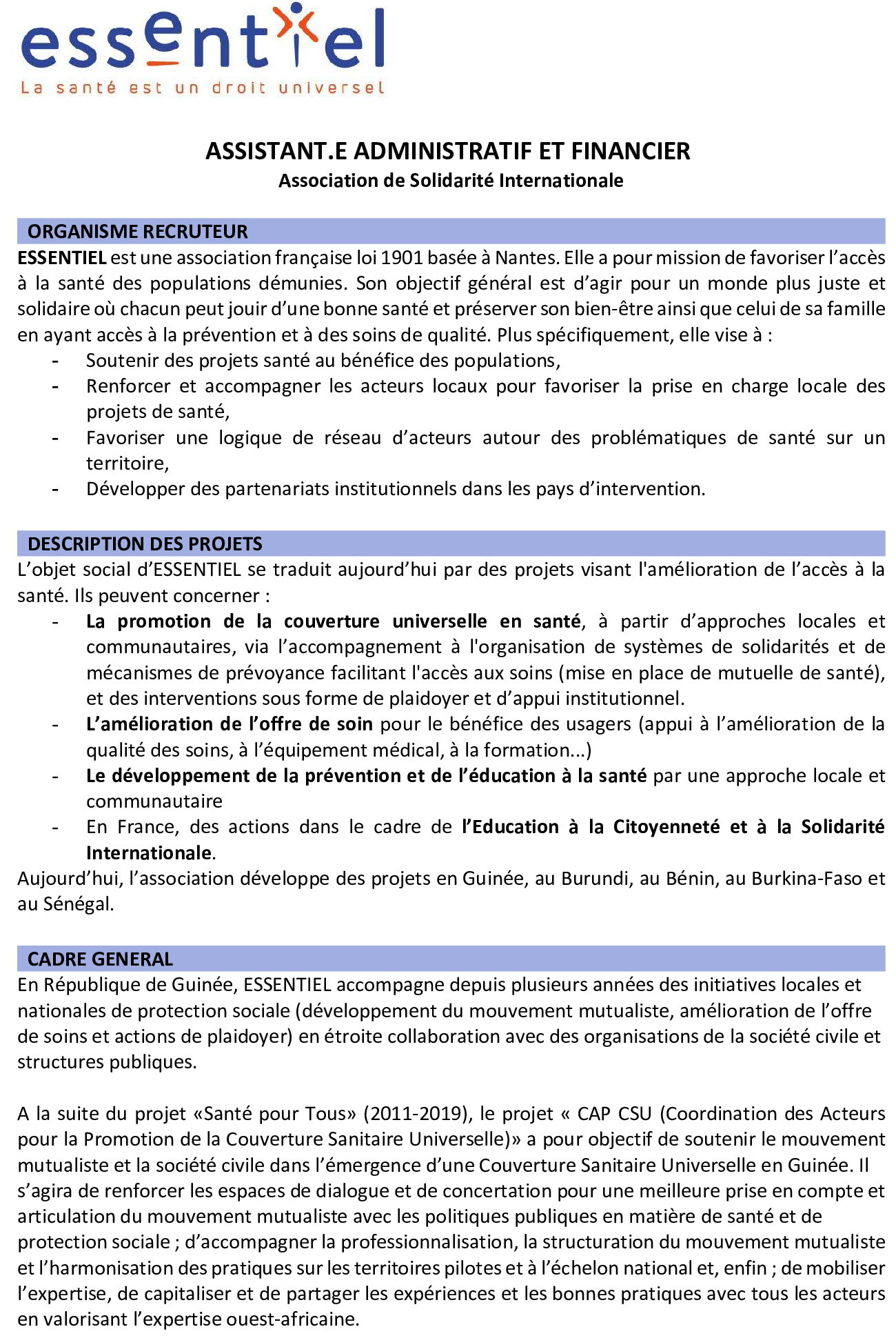 AVIS DE RECRUTEMENT D'UN.E ASSISTANT.E ADMINISTRATIF ET FINANCIER EN GUINEE CONAKRY