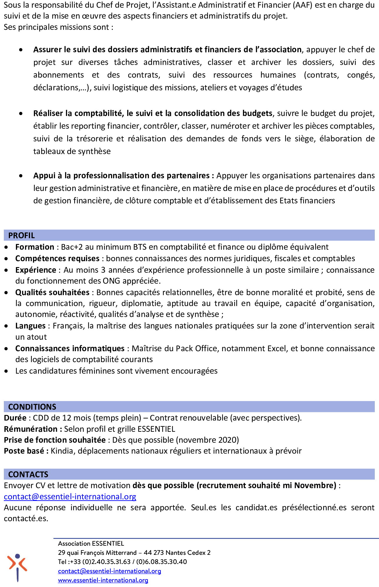 AVIS DE RECRUTEMENT D'UN.E ASSISTANT.E ADMINISTRATIF ET FINANCIER EN GUINEE CONAKRY