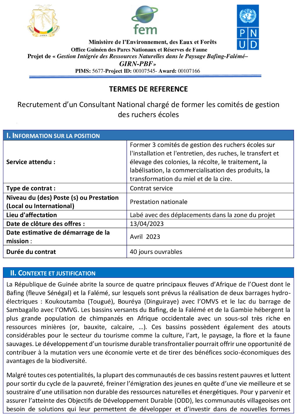 TERMES DE REFERENCE pour le Recrutement d’un Consultant National chargé de former les comités de gestion des ruchers écoles | Page 1
