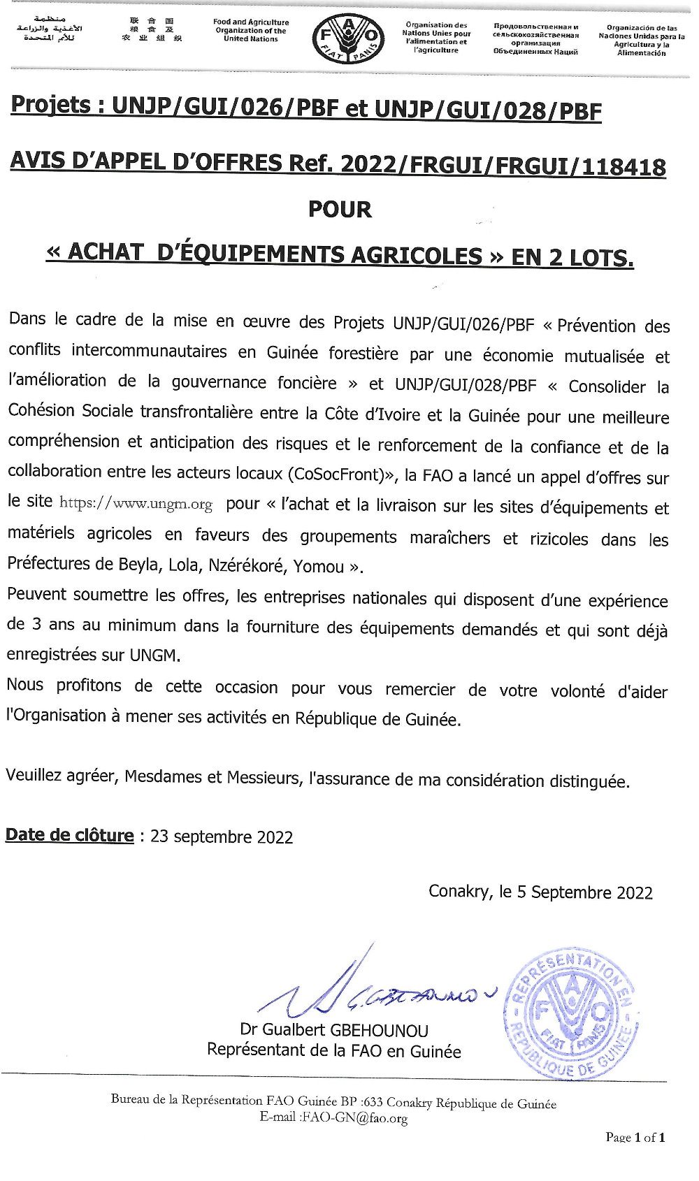  > AVIS D’APPEL D’OFFRES POUR « ACHAT D’ÉQUIPEMENTS AGRICOLES » EN 2 LOTS.