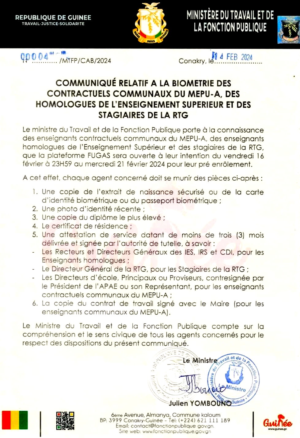 Communiqué Relatif A La Biométrie Des Contractuels Communaux Du MEPU-A, Des Homologues De L'enseignement Supérieur Et Des Stagiaires De La RTG