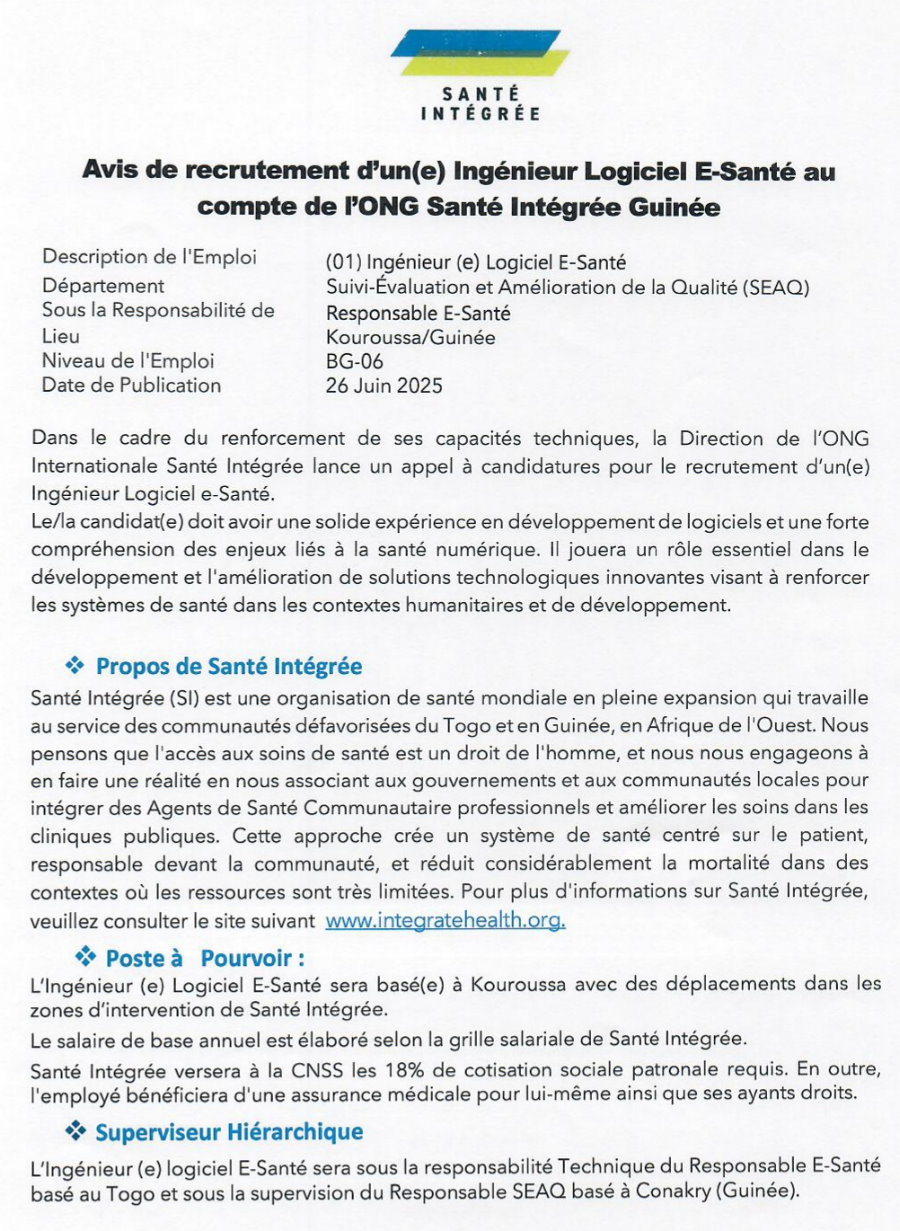 Avis de recrutement d'un(e) Ingénieur Logiciel E-Santé au compte de l'ONG Santé Intégrée Guinée | Page 1