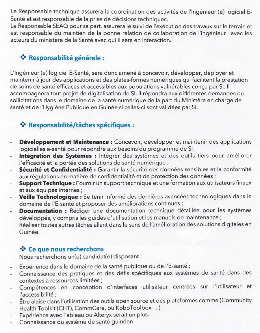 Avis de recrutement d'un(e) Ingénieur Logiciel E-Santé au compte de l'ONG Santé Intégrée Guinée | Page 2