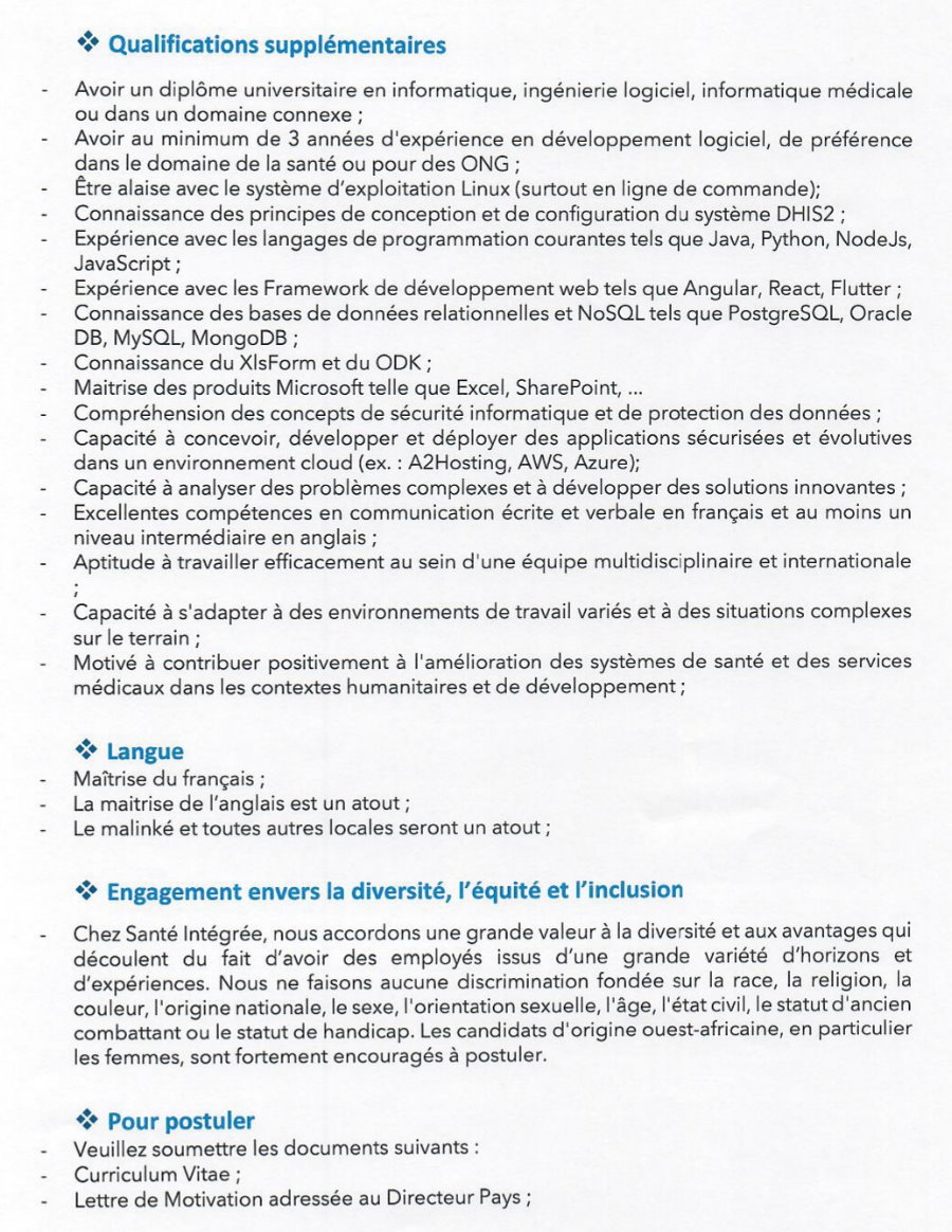 Avis de recrutement d'un(e) Ingénieur Logiciel E-Santé au compte de l'ONG Santé Intégrée Guinée | Page 3