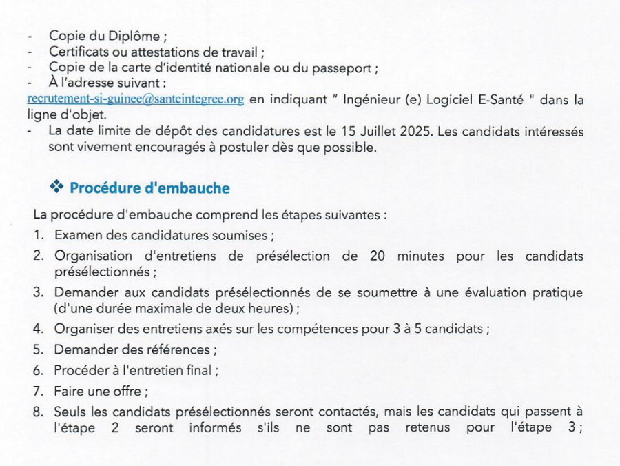 Avis de recrutement d'un(e) Ingénieur Logiciel E-Santé au compte de l'ONG Santé Intégrée Guinée | Page 4