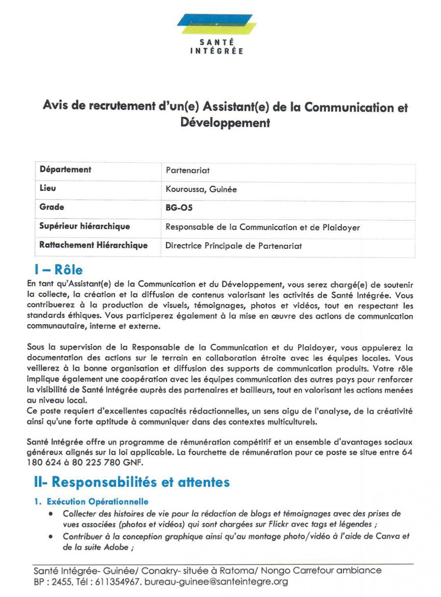 Avis de recrutement d'un(e) Assistant(e) de la Communication et Développement  | Page 1