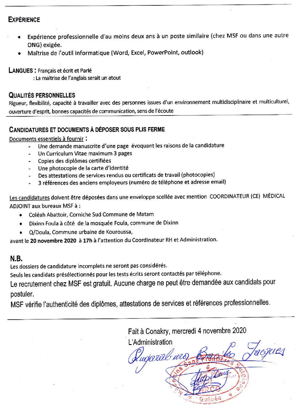Offre d'emploi de medecin sans frontiere guinée (recrutement page 1)