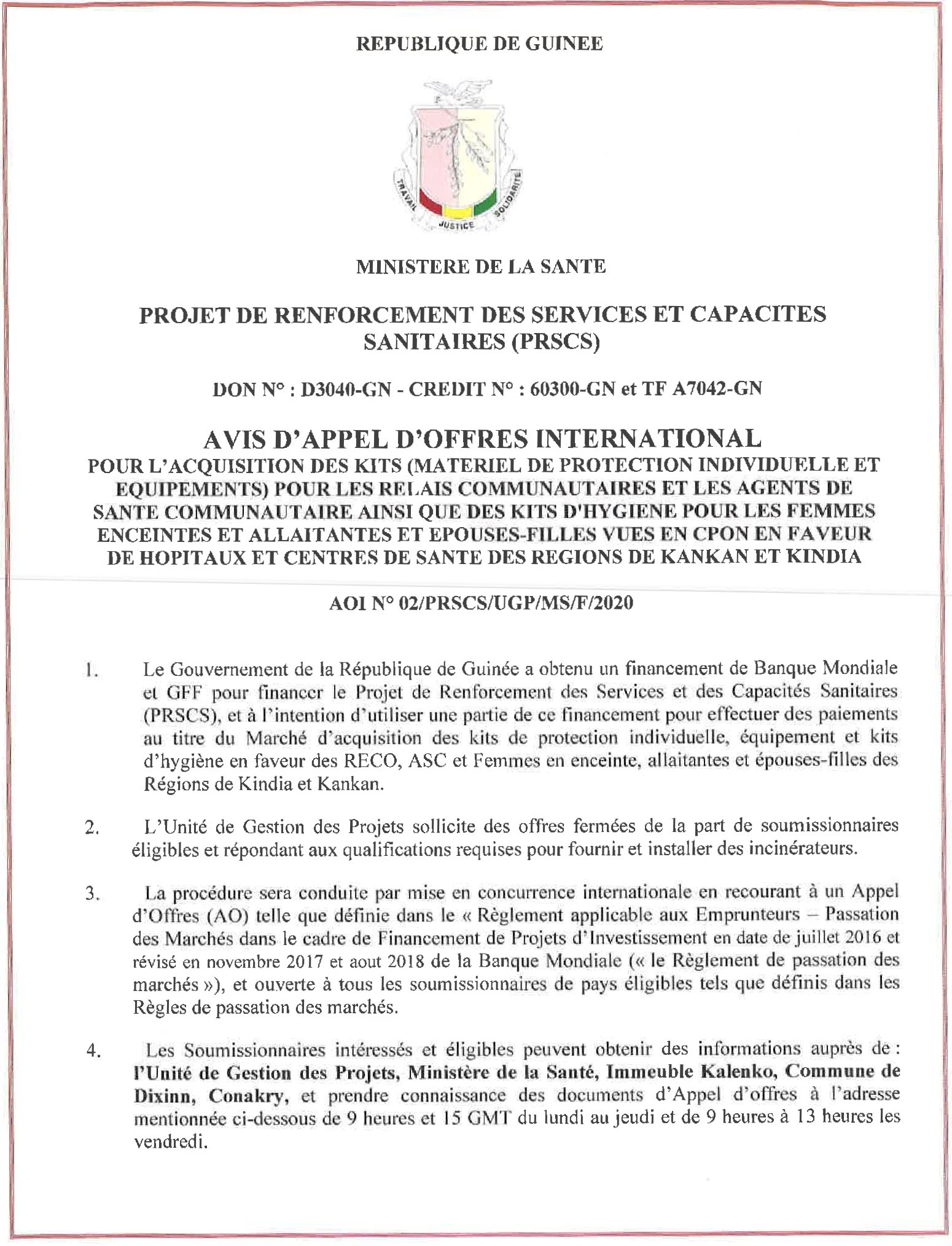 AVIS D’APPEL D’OFFRE POUR L’ACQUISITION DES KITS (MATERIEL DE PROTECTION INDIVIDUELLE ET EQUIPEMENTS) ET DES KITS D’HYGIENE POUR LES FEMMES ENCEINTES ET ALLAITANTES ET EPOUSES-FILLES VUES EN CPON PARTIE 1