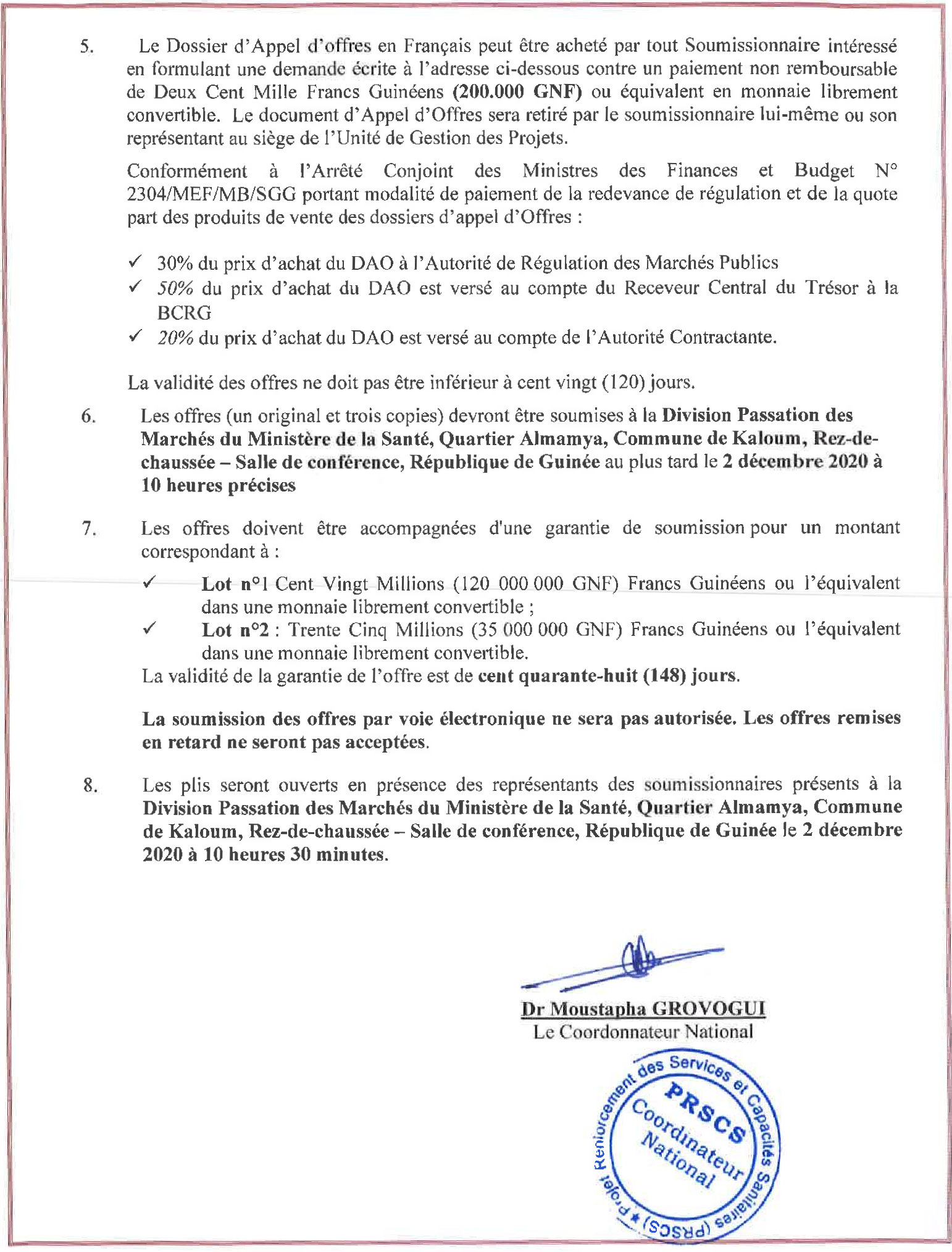 AVIS D’APPEL D’OFFRE POUR L’ACQUISITION DES KITS (MATERIEL DE PROTECTION INDIVIDUELLE ET EQUIPEMENTS) ET DES KITS D’HYGIENE POUR LES FEMMES ENCEINTES ET ALLAITANTES ET EPOUSES-FILLES VUES EN CPON PARTIE 2