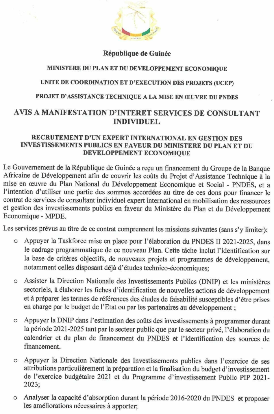 AVIS DE RECRUTEMENT D’UN EXPERT INTERNATIONAL EN GESTION DES INVESTISSEMENTS PUBLICS EN FAVEUR DU MINISTERE DU PLAN ET DU DEVELOPPEMENT ECONOMIQUE - PAGE 1
