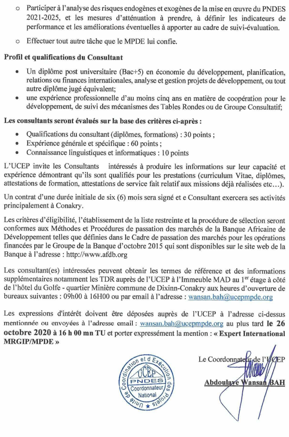 AVIS DE RECRUTEMENT D’UN EXPERT INTERNATIONAL EN GESTION DES INVESTISSEMENTS PUBLICS EN FAVEUR DU MINISTERE DU PLAN ET DU DEVELOPPEMENT ECONOMIQUE - PAGE 2