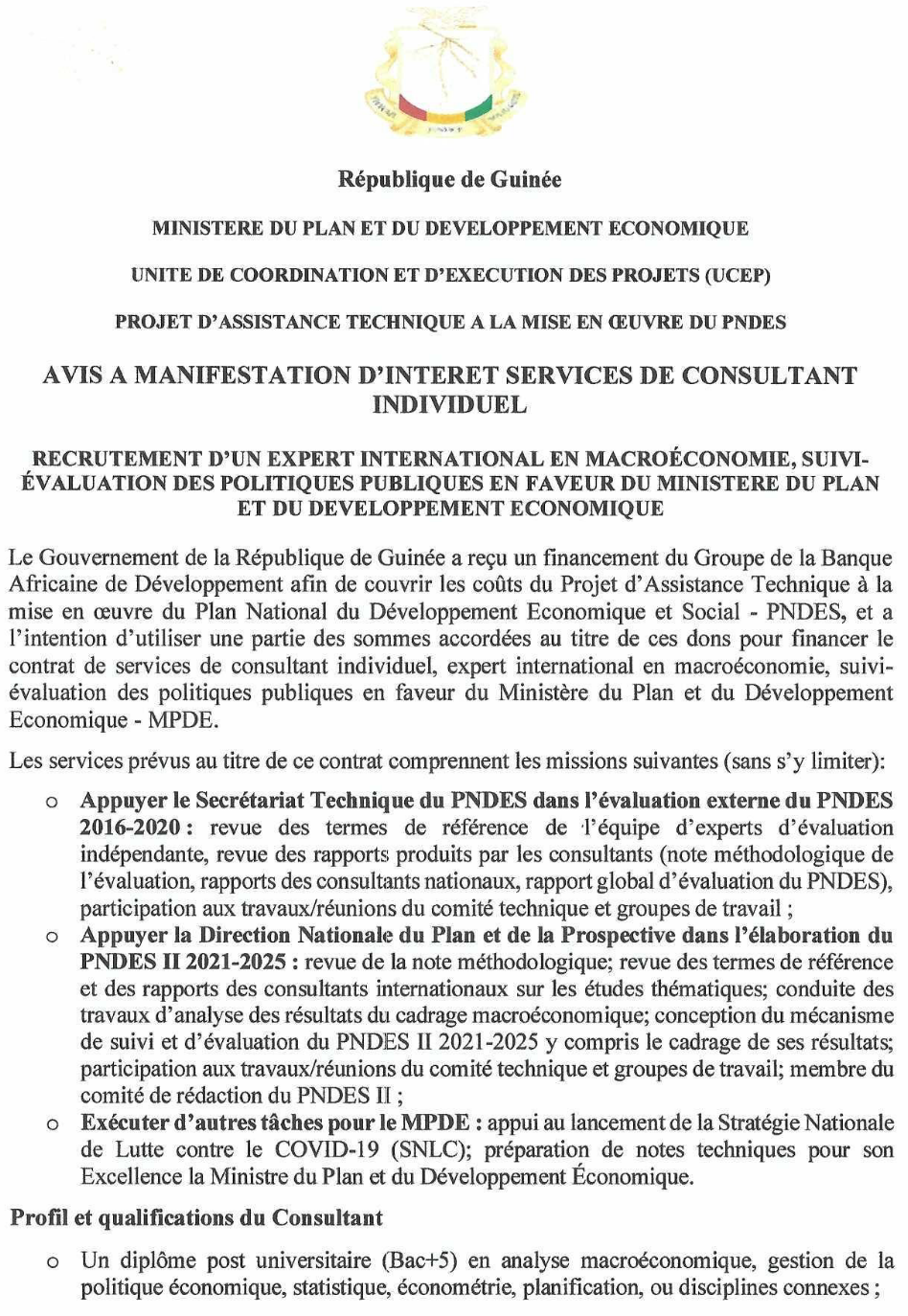AVIS DE RECRUTEMENT D’UN EXPERT INTERNATIONAL EN MACROÉCONOMIE, SUIVI- ÉVALUATION DES POLITIQUES PUBLIQUES EN FAVEUR DU MINISTERE DU PLAN ET DU DEVELOPPEMENT ECONOMIQUE -  PAGE 2