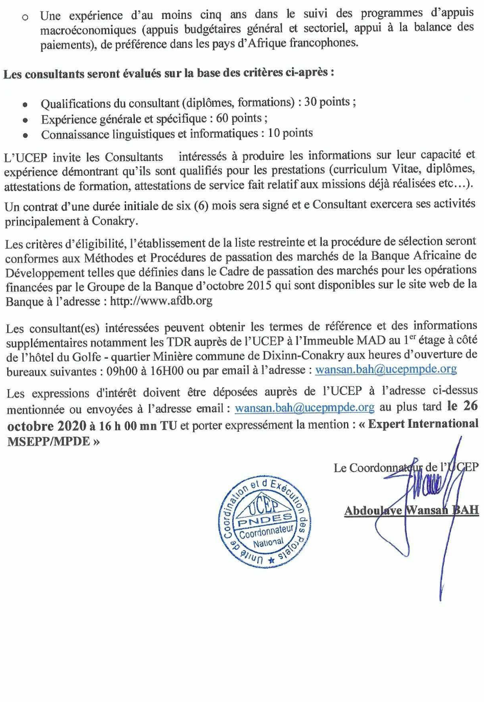 AVIS DE RECRUTEMENT D’UN EXPERT INTERNATIONAL EN MACROÉCONOMIE, SUIVI- ÉVALUATION DES POLITIQUES PUBLIQUES EN FAVEUR DU MINISTERE DU PLAN ET DU DEVELOPPEMENT ECONOMIQUE - PAGE 2