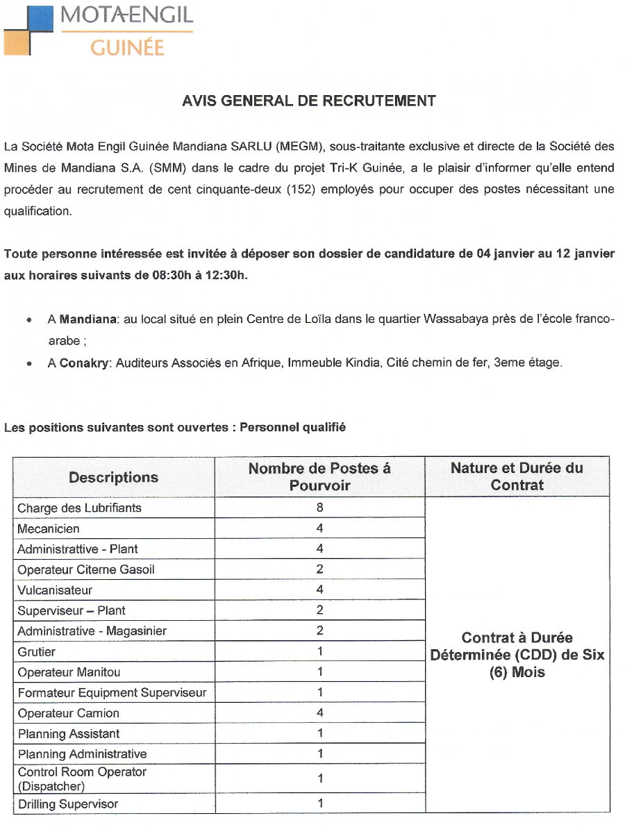 Recrutement de plusieurs Postes Chez Mota engil Guinée p1