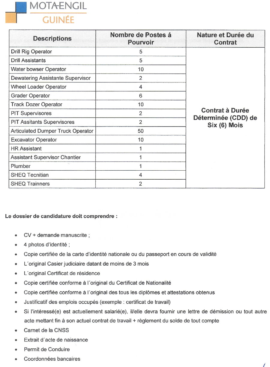 Recrutement de plusieurs Postes Chez Mota engil Guinée p2