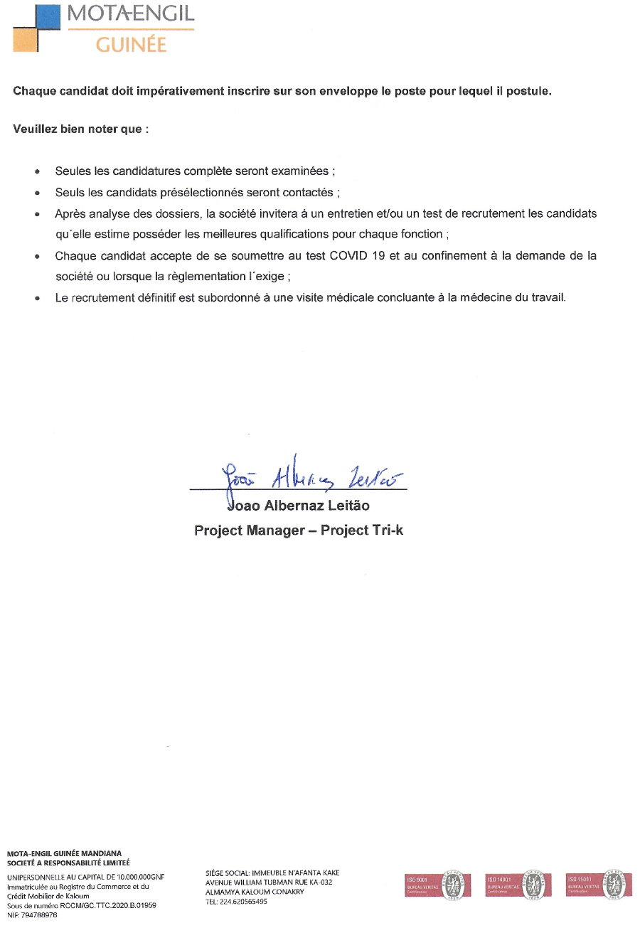 Recrutement de plusieurs Postes Chez Mota engil Guinée p3